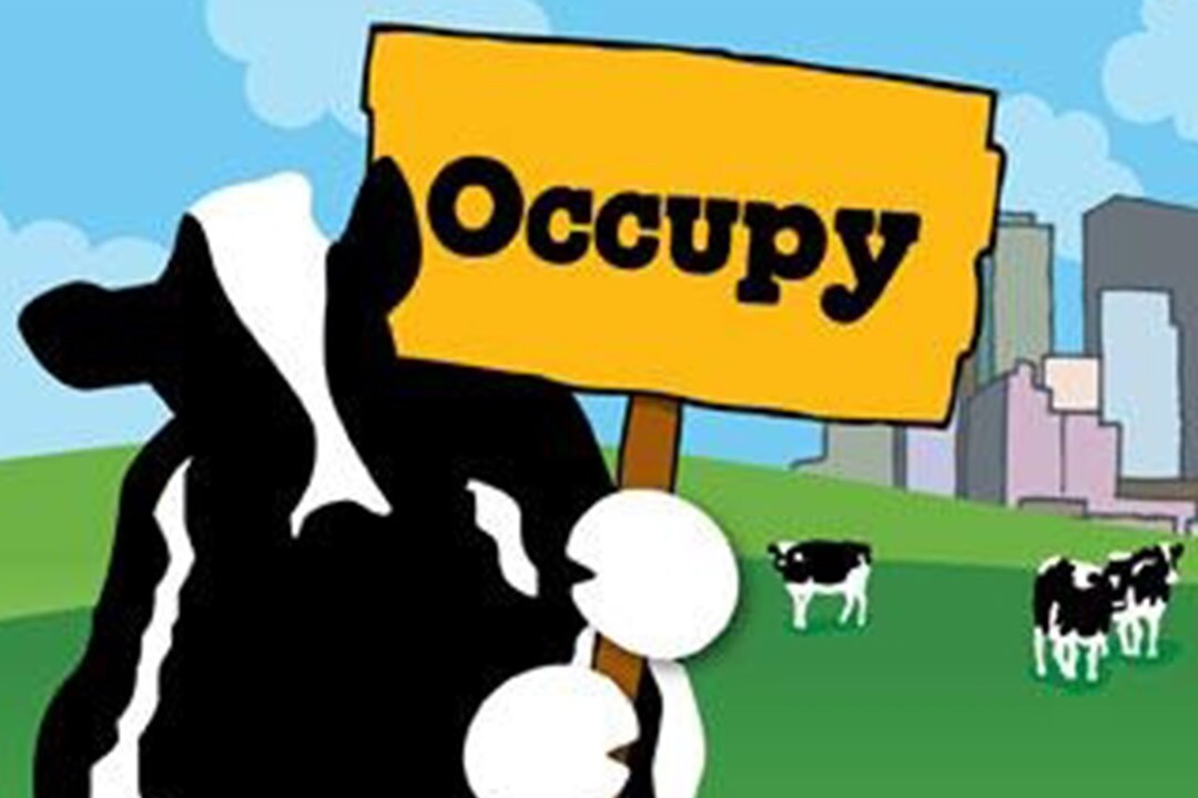 Woodie holder et skilt, hvor der står “Occupy!”